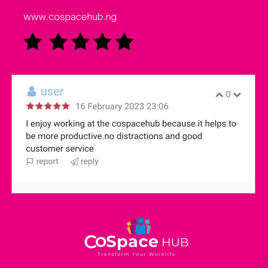 cospacehubng's tweet photo. If you've worked from  @cospacehubng, comment with 👍🏾

Affordable and comfortable work spaces are available @cospacehubng

Do check us out today 😁

Deborah| With 10k| Looting | Airport |Iyanya|Charm 

#cospacehubng #transformyourworklife #coworkingibadan
#EndSARS
#GirlsinICT https://t.co/nhkcY6koRZ