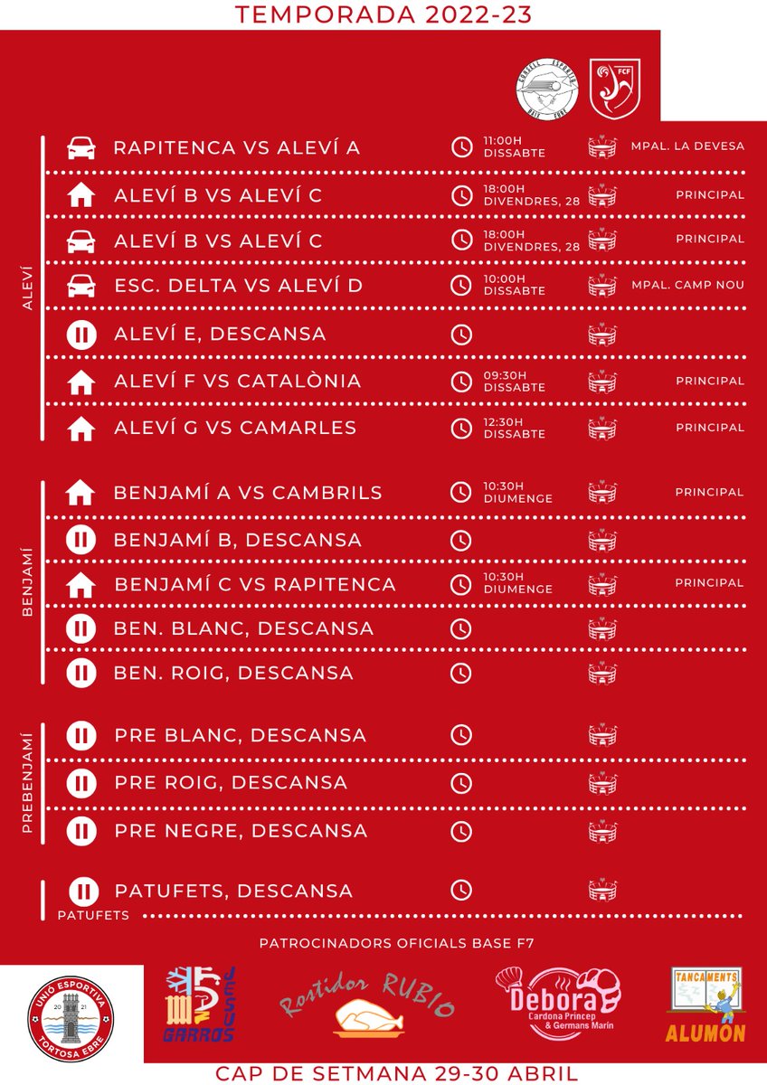 ⚽️ 📆 Calendari de partits per al cap de setmana.
MOLTA SORT A TOTS! 💪🏻🔴⚪⚫
#ueteamateur #3cat1 #uetebase #Formacio #FCF #ConsellEsportiuBaixEbre #Tortosa #TerresdelEbre