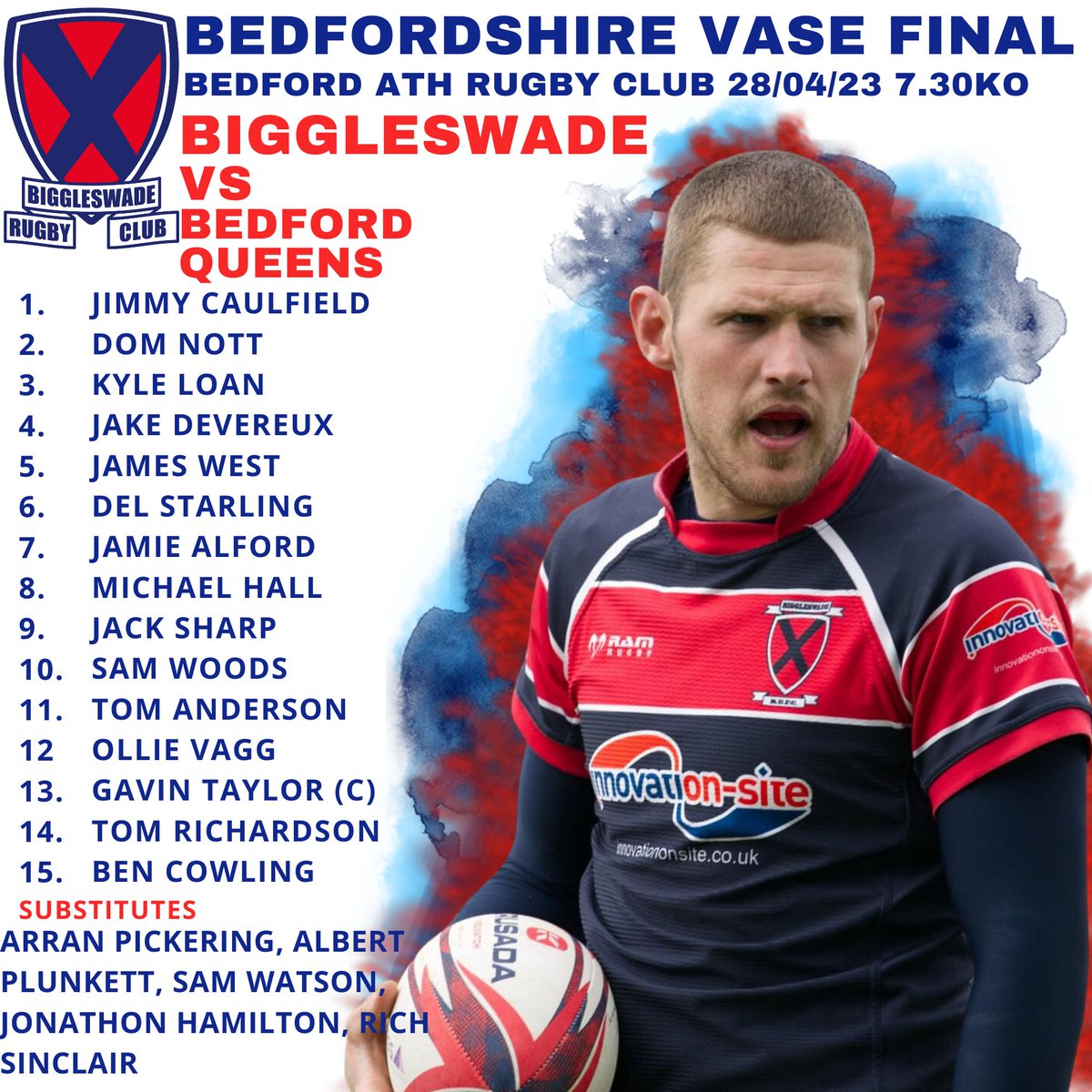 🔵 🔴 TEAM SHEET 🔴 🔵
🏉 Biggleswade Men's 1st XV v Bedford Queens 1st XV
🏆 Cup Final (AWAY)
📆 Friday 28 April
🏟 Bedford Athletic Rugby Club, Wentworth Drive, Bedford
🕢 KO 7:30pm