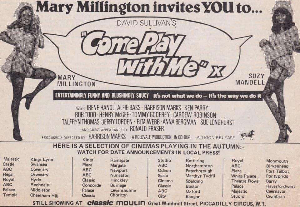 Forty-six years ago today, Mary Millington invited UK audiences to Come Play With Me... #ComePlayWithMe #1970s #film #films #sexfilm #MaryMillington #HarrisonMarks #DavidSullivan #SuzyMandell