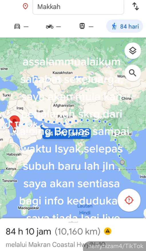 NewsBFM's tweet photo. 1. A Malaysian man has gone viral on TikTok for attempting to travel on foot from Malaysia to Mecca.

Herry Nizam began his journey earlier this week from Bidor, Perak.

He is expected to travel 10,160km, on a journey that will take 84 days and 10 hours. https://t.co/GJOw8f7ldd