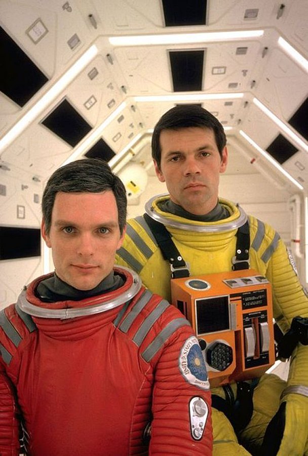 Great behind the scenes snap of Keir Dullea and Gary Lockwood on the set of 2001: A SPACE ODYSSEY.