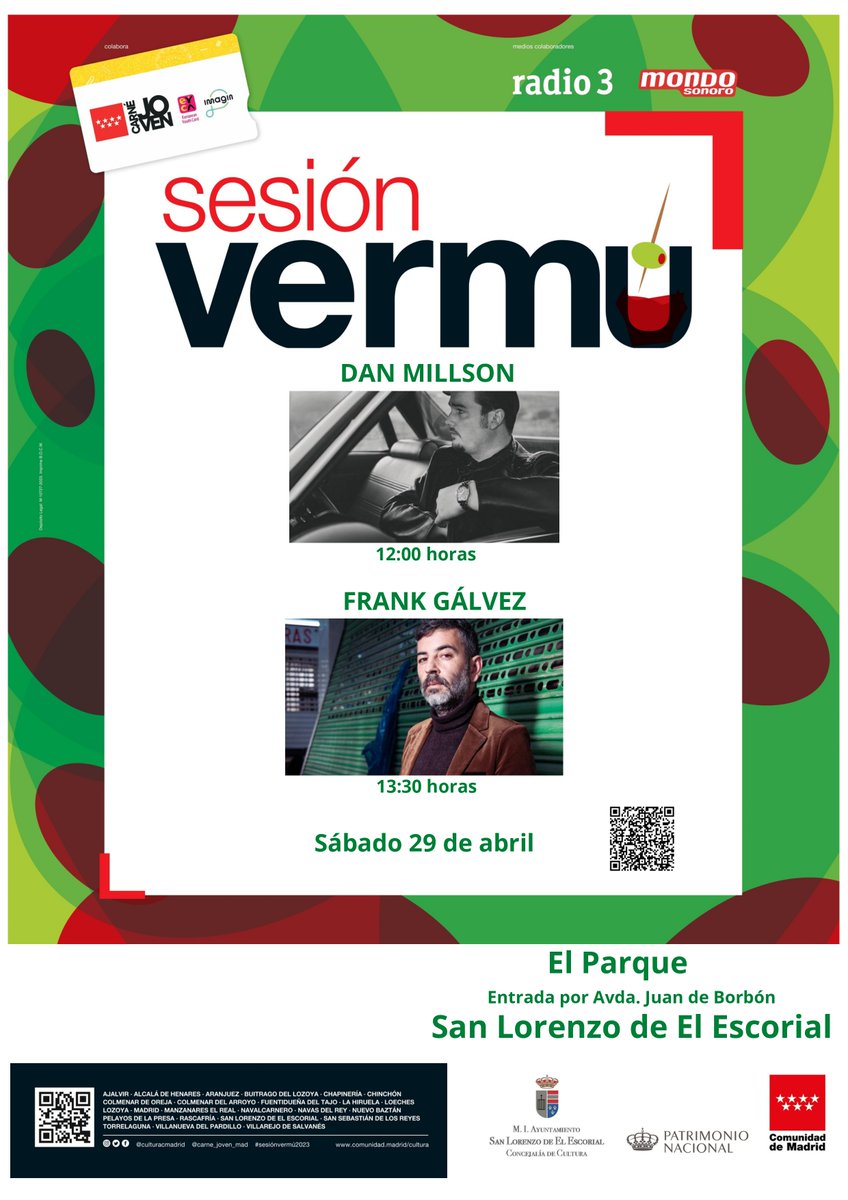 culturaaytosanl's tweet photo. Este sábado, 29 de abril, primeros conciertos de Sesión Vermú:
👉Dan Millson, 12:00 horas
👉Frank Gálvez, 13:30 horas
https://t.co/3WTnAnuTxk...
👉 Marenitas y Vecinos,  sábado 6 de mayo
👉Monteperdido y  Las Odio, domingo 7 de mayo

@aytosanlorenzo 
@CulturaCMadrid https://t.co/1GIiMdz3YM