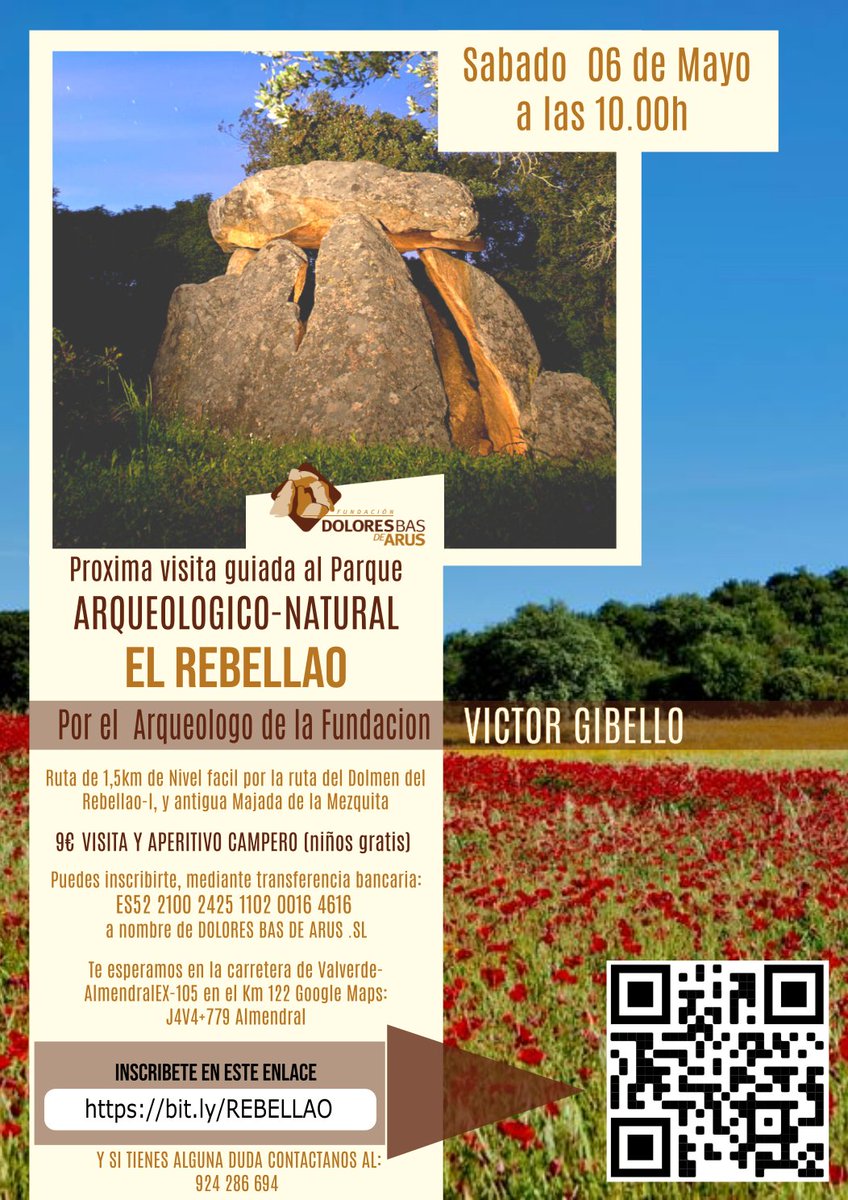 Ruta por El #Rebellao el 6 de mayo de 2023.
En esta ocasión será un recorrido de 1,5 km interpretado por un arqueólogo experto en el que visitaremos el #Dolmen-I y la Antigua majada de la #Mezquita. Después disfrutaremos de un aperitivo.
fundaciondoloresbas.org/noticia
#badajoz