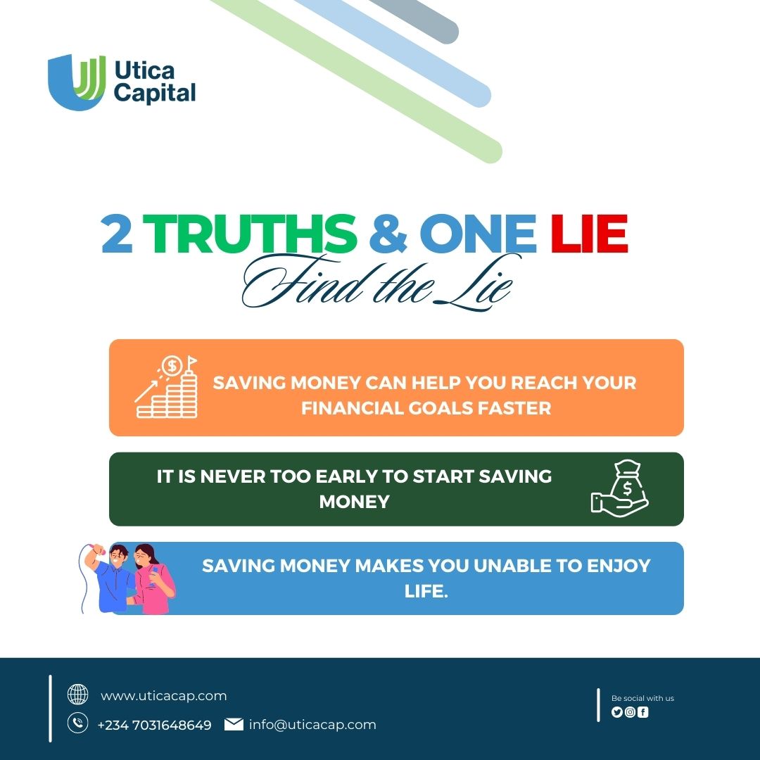 Can you spot the lie?

Test your knowledge about savings with this fun trivia

#Savingmoney #financialliteracy 
#twotruthsandalie
#financialeducation
#mythbusting
#Uticacares