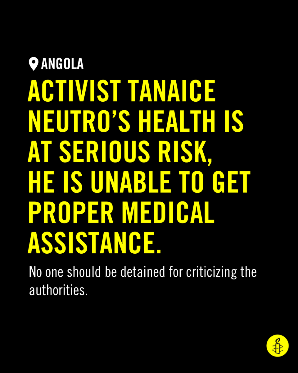 AmnestySARO's tweet image. #Angolan activist Tanaice Neutro has been in prison since 13 January 2022 for calling the president a clown. He has health problems and requires urgent surgery and specialized medical treatment which the prison hospital has been unable to provide. #FreeTanaice #Rightohealth
