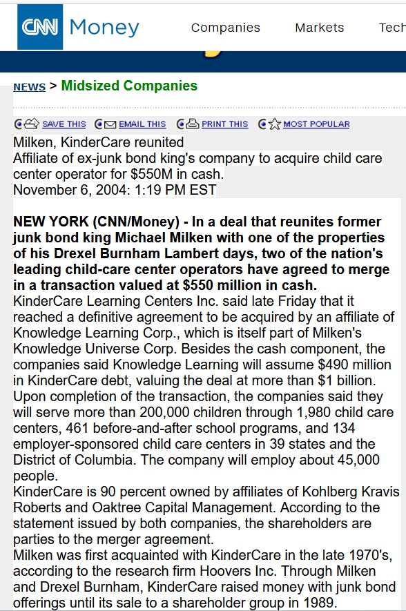LandlordLinks's tweet photo. Michael Milken began a company "caring for" children while at Drexel Lambert.

He still owns that company.

KinderCare where they "take care" of children from 6 weeks to 12 years old. 🔥 

https://t.co/35sDTtgOsB https://t.co/xBKuiBXGpF