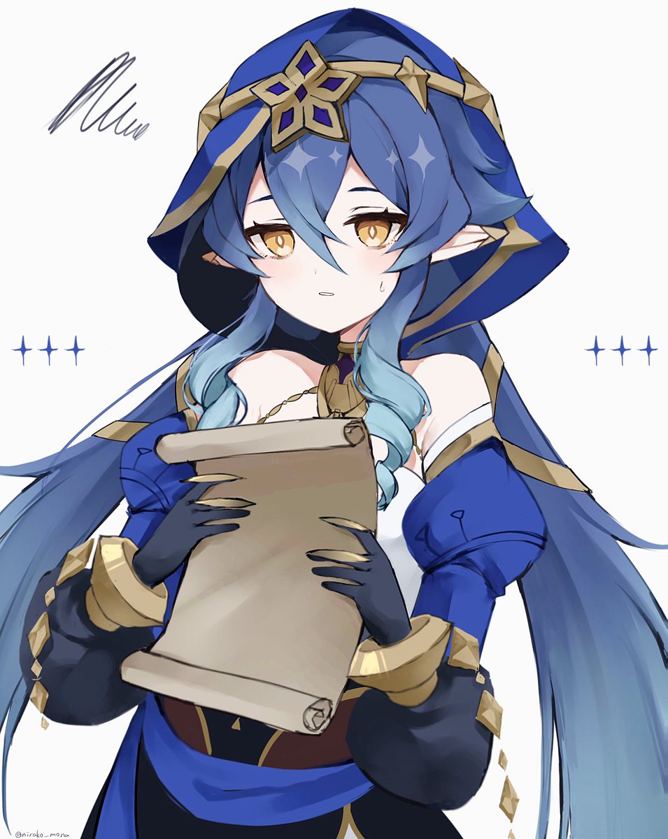 1girl solo blue hair long hair pointy ears gloves puffy sleeves  illustration images