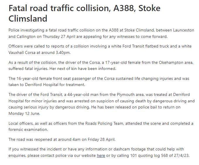 DC_Police's tweet photo. Police investigating a fatal road traffic collision on the A388 at Stoke Climsland, between Launceston and Callington on Thursday 27 April are appealing for any witnesses to come forward.

https://t.co/aVT42a0gJf

#LatestNews https://t.co/USng2kfjK8