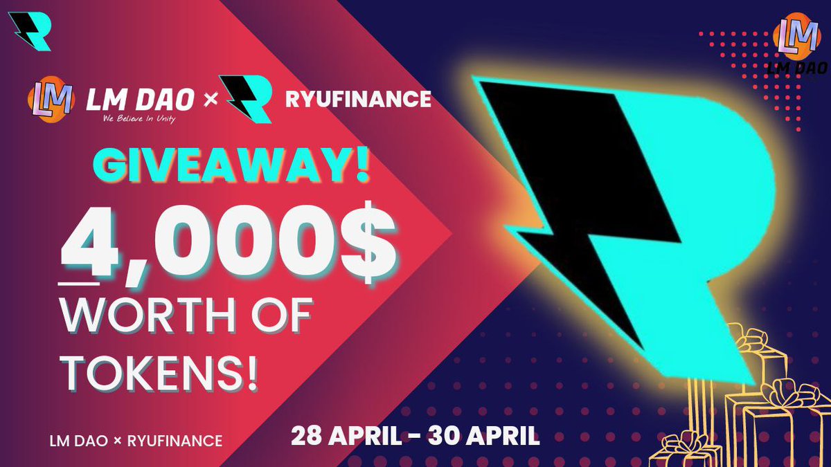 📣Big Prize Pool #Giveaway 🔥

💖We've teamed up with <a href="/RyuFinance/">RyuFinance</a> to Giveaway-

🎁•4000$ worth of  $Ryu Tokens 🚀

To Enter:
✅Follow <a href="/dao_lm/">LM DAO</a> and <a href="/RyuFinance/">RyuFinance</a>
✅Like, RT &amp; Tag 5 Friends
✅Finish gleam tasks: giv.gg/lmdao-ryufinan…

 2 DAYS ⏰

#Airdrops  #zkSync #Sui #airdrop