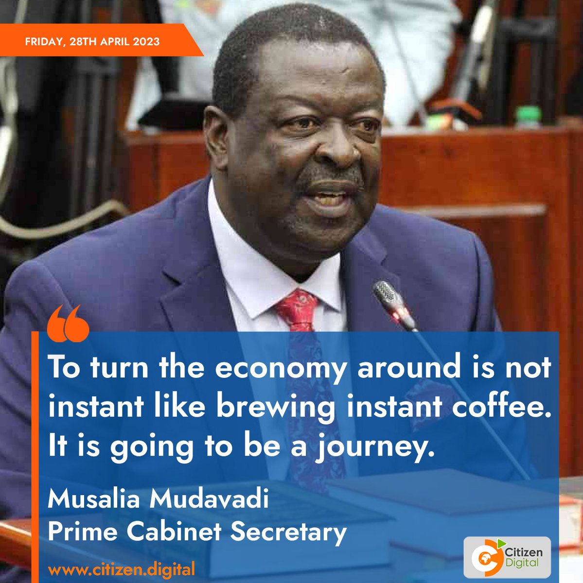 citizentvkenya's tweet photo. To turn the economy around is not instant like brewing instant coffee. It is going to be a journey - Musalia Mudavadi, Prime Cabinet Secretary https://t.co/PLPtxj0xS7