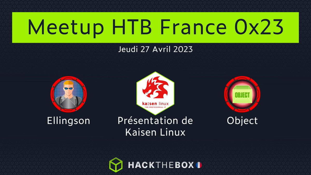 _Euzebius's tweet photo. Hier 35ème meetup @hackthebox_eu 🇫🇷 
Une super soirée qui a réuni ~60 participants.
Ellingson, Kaisen Linux et Object présentés pendant la soirée.

Prochain dans 15 j.
Pour en apprendre plus sur l'initiative : https://t.co/6YkzHBbfn8

#HTB #pwn2learn https://t.co/X2M6Kc5YaO