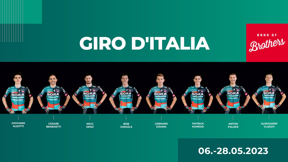 Presenting our line-up for the @giroditalia: 👉 @AleottiGiovanni  👉 @benedetticesare  👉 @NicoDenz  👉 @BobJungels  👉 @lennardkaemna  👉 @PatricKonrad  👉 @AntonPalzer  👉 @ale_vlasov  #Giro 💗