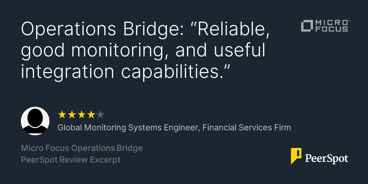 MicroFocusMEA's tweet photo. Global Monitoring Systems Engineer, Financial Services Firm gives #MicroFocus Operations Bridge ★★★★'s in the @PeerSpotReviews Event Monitoring tools category. Read the full review here: https://t.co/VVEHIIaNS8 https://t.co/XoAKH1OQJq