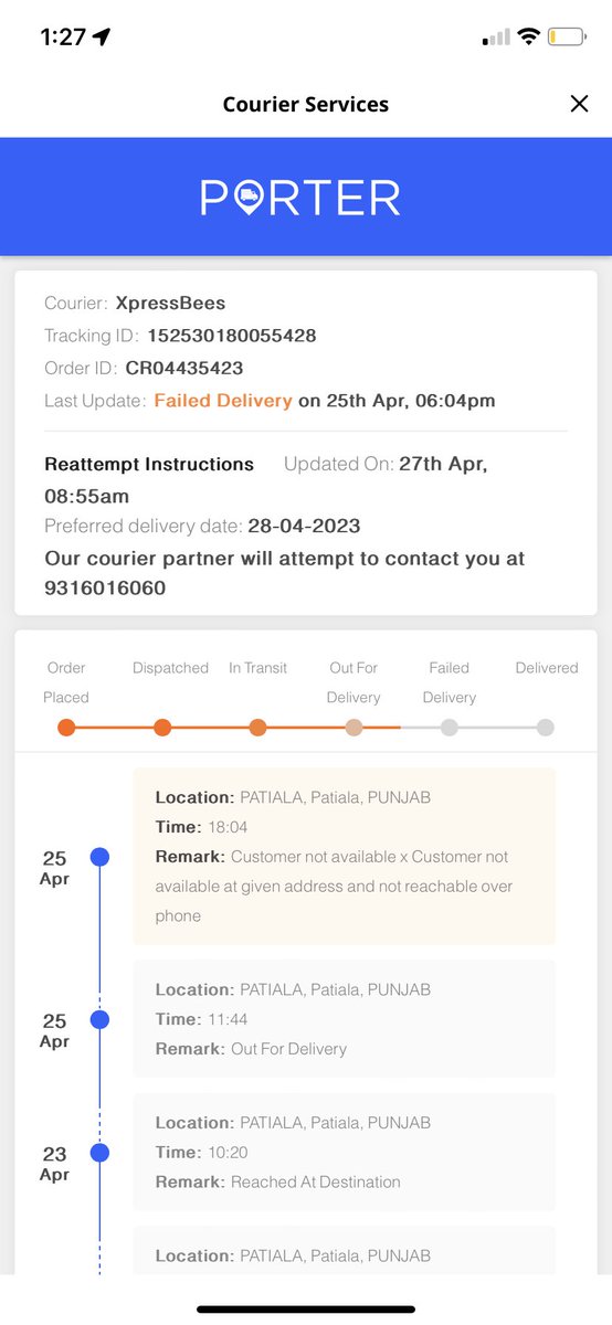 samir77777's tweet photo. @porterit_ @porterit_ check internally properly first and then reply do not give excuses

Please see the screenshot the last delivery was attempted on 25th. No one is even bothered or trying to physically go and deliver this, rather mailing me the warehouse address to collect it myself https://t.co/ht6UPbehMm