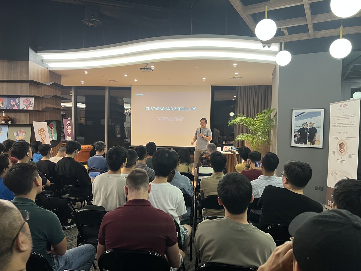 OGBCGroup's tweet photo. Last night #OGBC hosted a #ZKP sharing event with @ethereum_sg 🔥

Jake from @ethereum @PrivacyScaling &amp; @NeilHANYD from @Reddio_com gave a beginner friendly introduction to the world of #ZKSTARKS &amp; #ZKROLLUP 🚀 https://t.co/ap4OxxjVtf