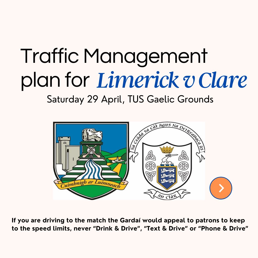 MunsterGAA's tweet photo. See below for information regarding road closures and parking for the Munster Senior Hurling Championship game, Limerick versus Clare, in the T.U.S. Gaelic Grounds on Saturday at 7:00 pm. https://t.co/pdWpXxNpK7