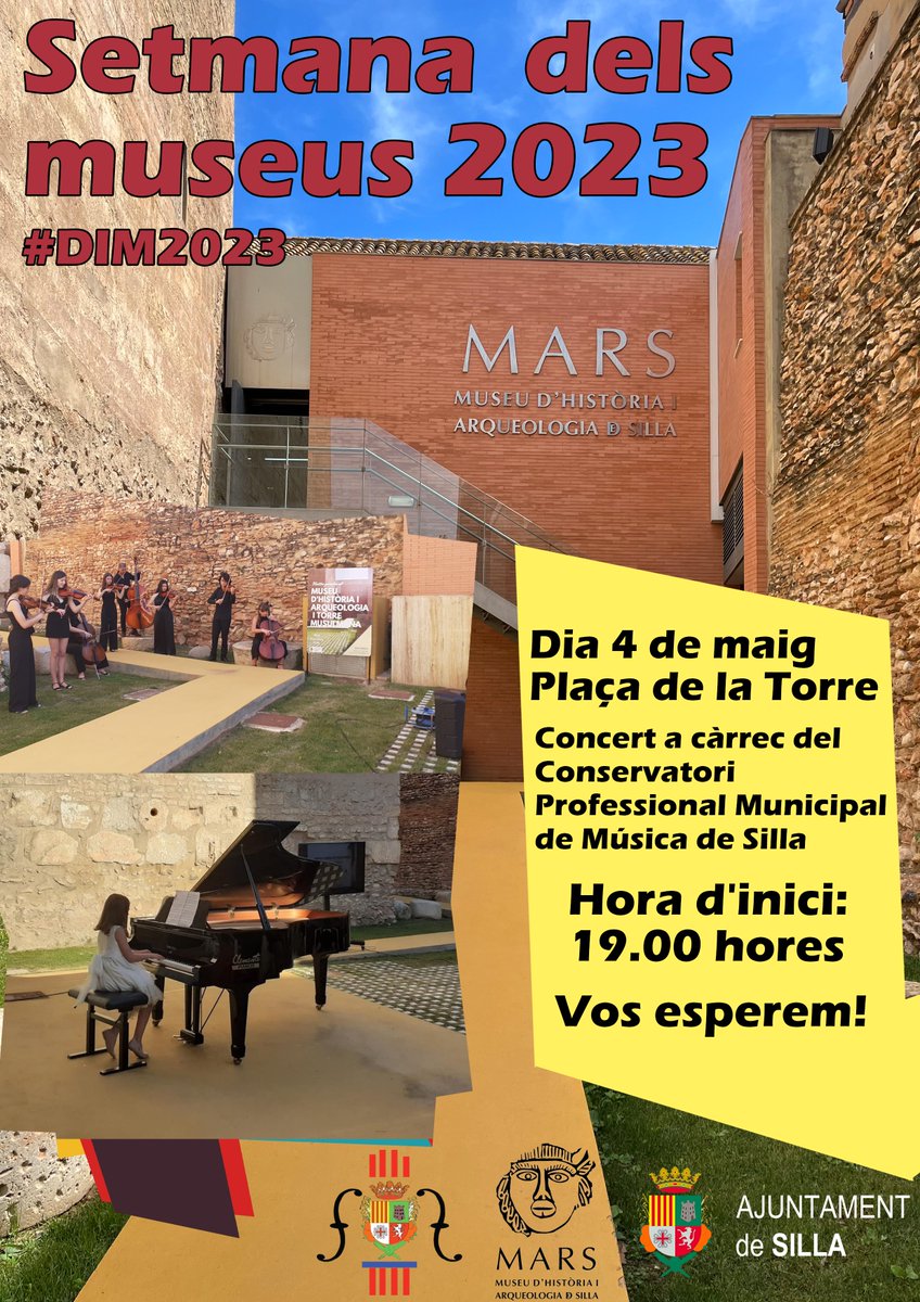 AjuntSilla's tweet photo. El 4 de maig celebrarem el dia del Museu en la Plaça de la Torre de Silla. El Conservatori Municipal de Música Silla ens oferirà un magnific concert de piano i amb un cor de 20 persones. És un dels actes que ha preparat l'Ajuntament de Silla per a la Setmana dels Museus. #DIM2023 https://t.co/xhIvIb3BPk
