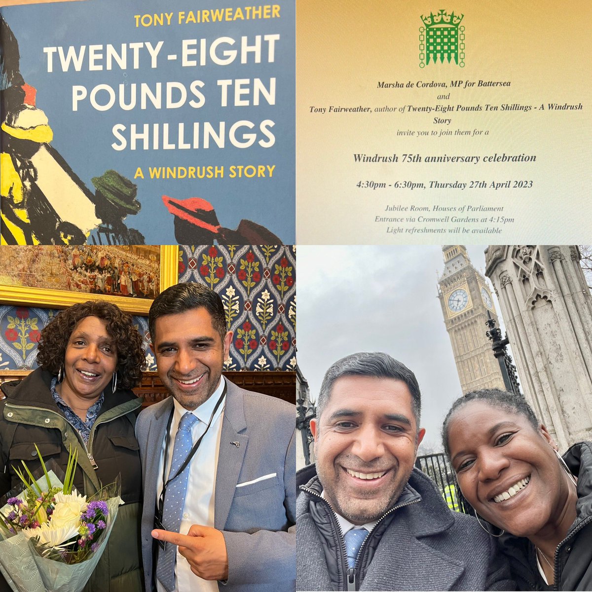 Delighted to attend #Windrush75 anniversary celebration at Houses of Parliament with our #Chair #MichelleBramble hosted by the inspirational @MarshadeCordova featuring the great @TonyFairweathe3 & his excellent book Twenty-Eight Pounds Ten Shillings @hoperoadpublish