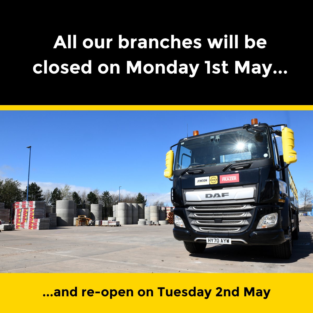 Make sure you have ordered everything you need ahead of the Early May Bank Holiday. All Jewson Civils Frazer branches across the network will be closed on Monday 1st May and re-open on Tuesday 2nd May.

bit.ly/JCFBranchLocat…