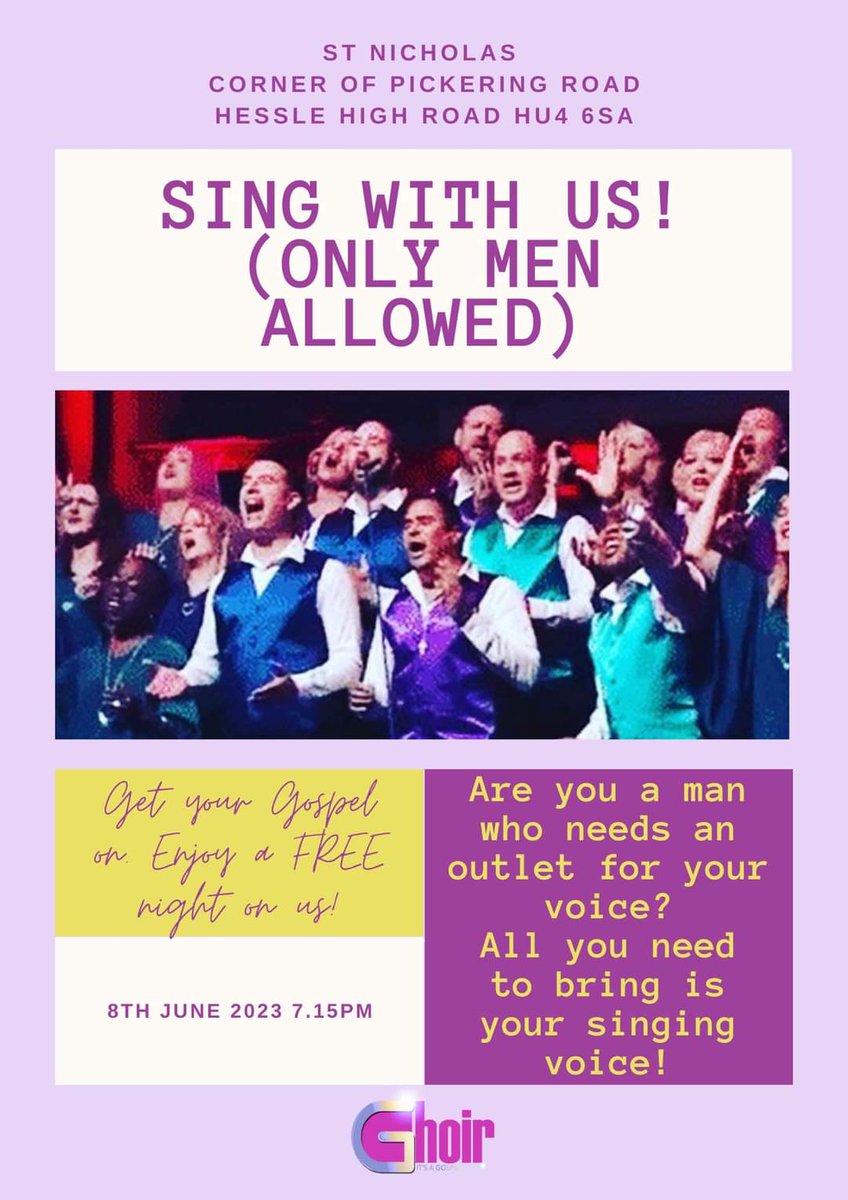MEN - SING WITH US!

On 8/6/23 men from the Yorks/Humber area are invited to join us for a FREE GOSPEL SINGING SESSION!

Sing along, or just watch/listen - it's up to you! *No auditions-No spotlights-No judgement*

Sign up here ⬇️
gchoir.co.uk/sing-with-us

#Hull #EastYorks #Lincs