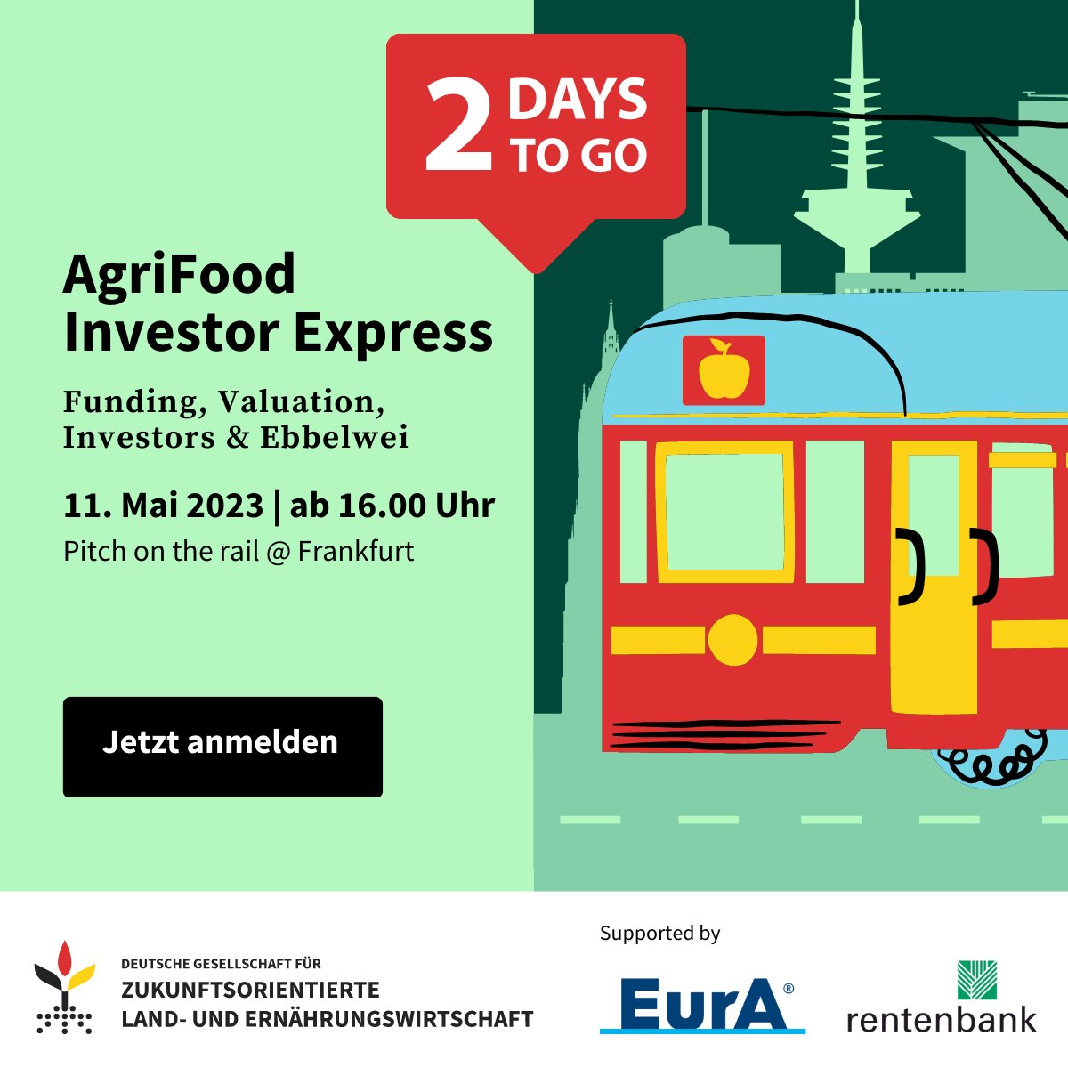 🔔Last Call! Jetzt Ticket sichern für Investor Express Event am 11. Mai in Frankfurt! Mit dabei sind auch <a href="/gruenderszene/">Gründerszene</a>, <a href="/rentenbank/">rentenbank</a> und @OF_Organifarms.

🎟️Hier anmelden: agri-food.de/11-mai-agrifoo…

#agrifood #startup #Funding #Investment