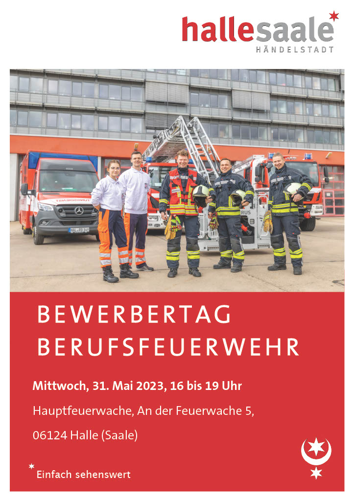 Am 31. Mai ist Bewerbertag – und die Berufsfeuerwehr Halle (Saale) lädt ein. Welche Berufe gibt es bei der Feuerwehr und welche Ausbildungen werden angeboten? Ihr seid Schülerinnen/Schüler, Abiturienten, Studierende in der Berufsfindung? Anmeldung: Ausbildung-Feuerwehr@halle.de