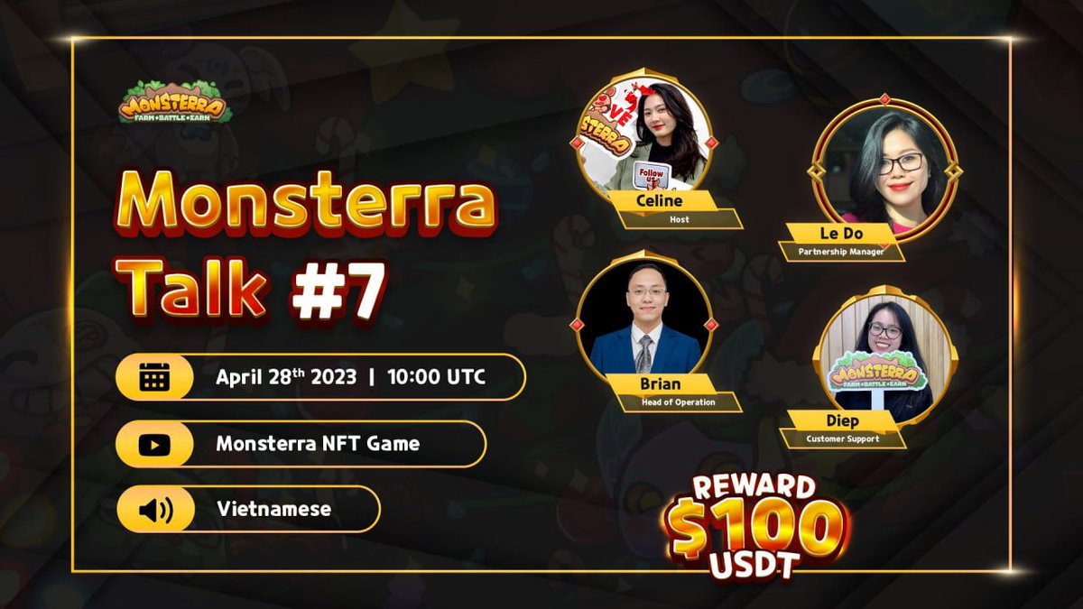 Monsterra_P2E's tweet photo. 🏄‍♂️2HOURS TO GO: Tune into Monsterra Talk #7 (in VNese)🏄‍♂️

Set your alarm to meet our beautiful host line Celine 
@VanHangNg2 and members from Partnership, Game Operations & CS team. Join to win $100USDT!💸

🟢Time: 10am UTC, 28th April 2023
🟢Live at: https://t.co/8OXlKkx8N3
🟢Reward: 100usdt/10 winners

For required tasks, check our QT. Let's check NOW❗️