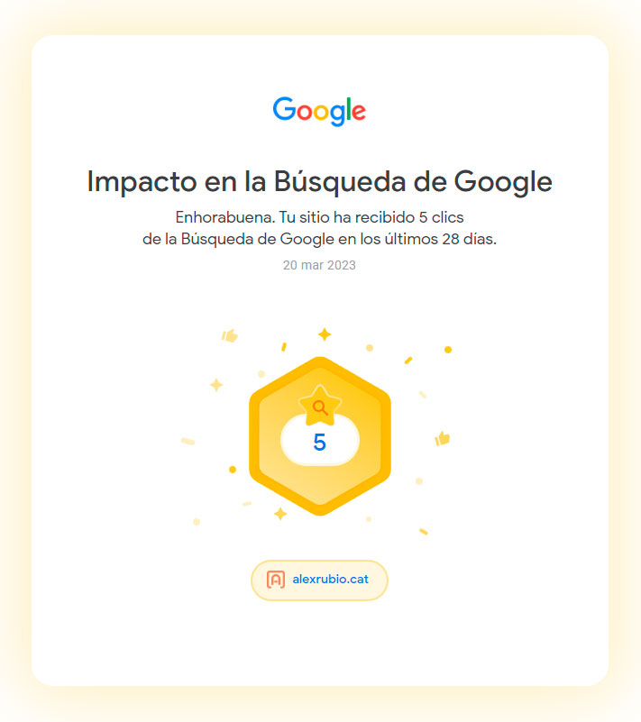 alexrubio_cat's tweet image. Comencem a caminar per aconseguir grans èxits en #SEOcat i #OptimitzacióWeb! Estem contents de compartir que hem aconseguit 5 i 10 clics en els últims mesos en el &quot;Impacto en la Búsqueda de Google&quot;. Continuem treballant per ajudar als #CatalunyaNegocis a créixer en línia 🚀📈