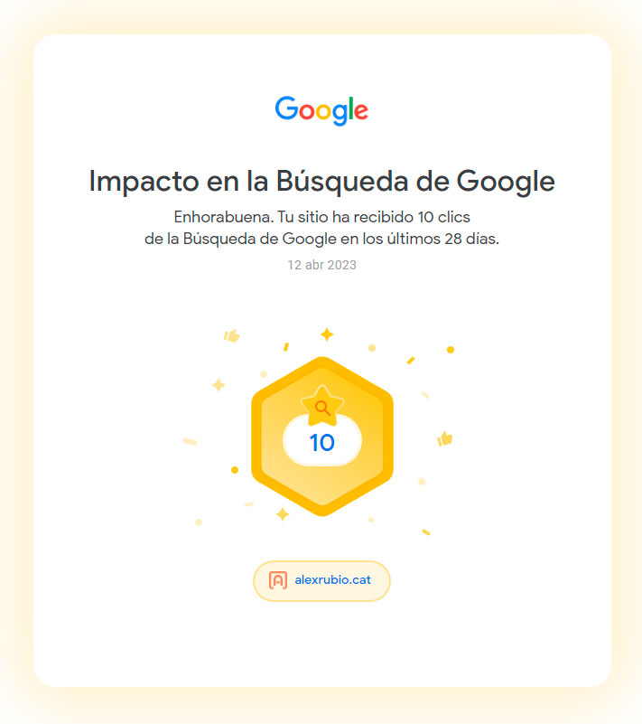 alexrubio_cat's tweet image. Comencem a caminar per aconseguir grans èxits en #SEOcat i #OptimitzacióWeb! Estem contents de compartir que hem aconseguit 5 i 10 clics en els últims mesos en el &quot;Impacto en la Búsqueda de Google&quot;. Continuem treballant per ajudar als #CatalunyaNegocis a créixer en línia 🚀📈