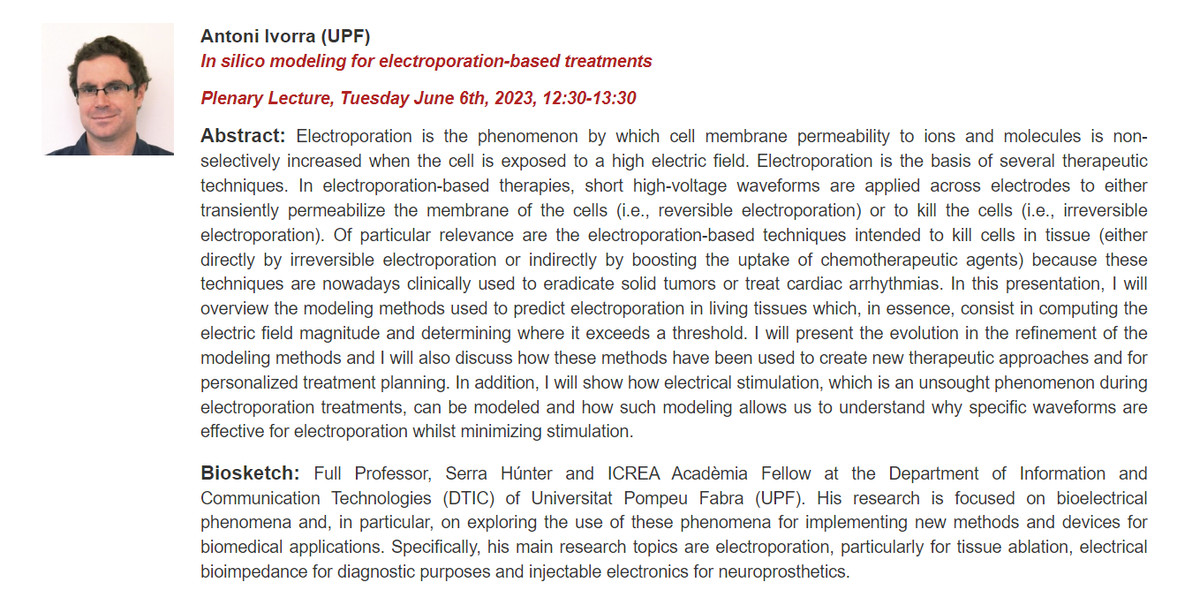 bcnvph's tweet image. 📢Please, RT and join us!  
Plenary Lecture: #Insilico #modeling for #electroporation-based #treatments by Antoni Ivorra (@DTIC_UPF, @UPFBarcelona). 
🗓️Register before 21st of May: lnkd.in/eRWaX7Sw #Barcelona7thVPHSummerSchool