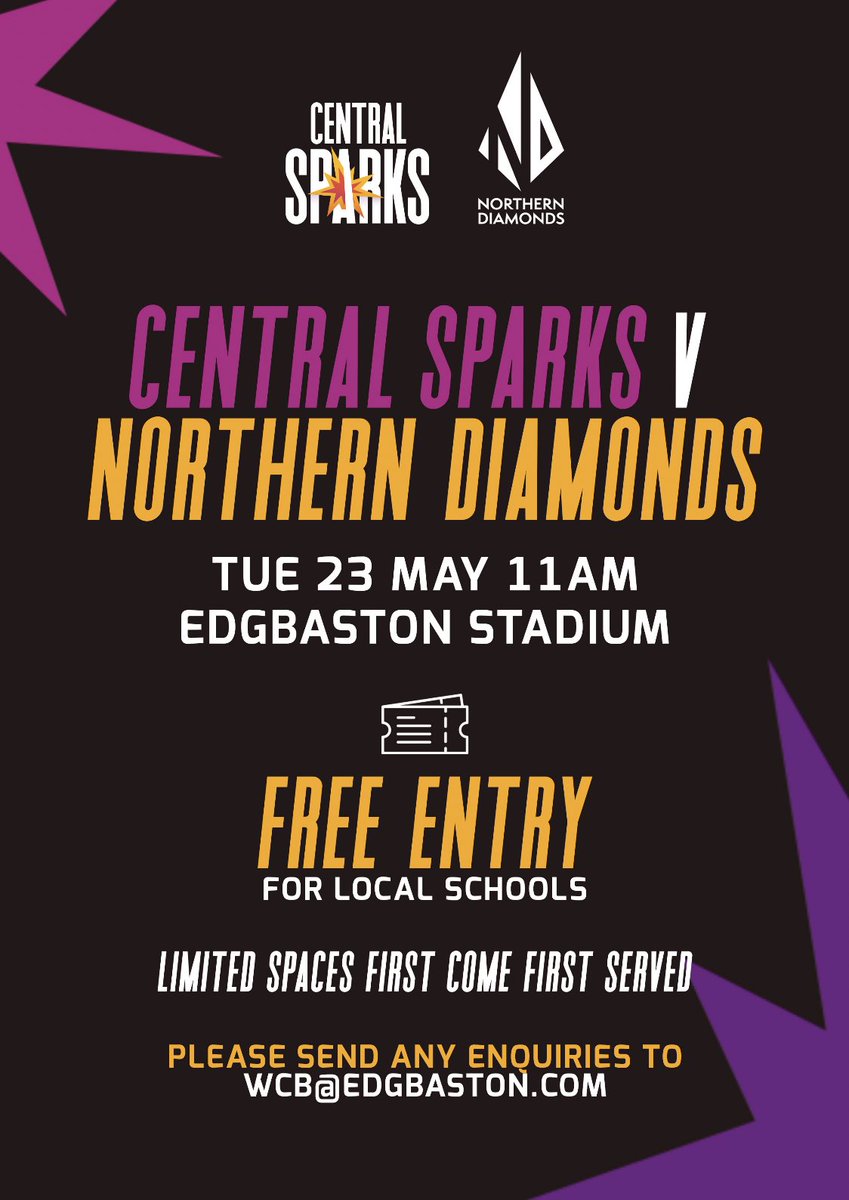 𝙒𝘾𝘽 𝙭 𝙎𝙥𝙖𝙧𝙠𝙨 We have teamed up with @CentralSparks to offer local Warks schools 𝗙𝗥𝗘𝗘 tickets to their T20 @Edgbaston Tues 23rd May🏏 To claim your free tix please complete the form on the link below⬇️ bit.ly/3L8HeTI Enquiries contact wcb@edgbaston.com