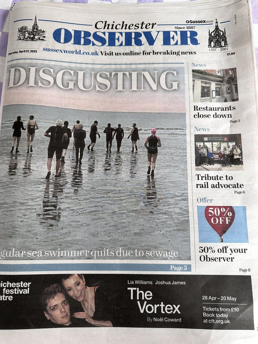 SOSCAlliance's tweet photo. Front page news in @ChichesterDC . @SouthernWater claims no untreated sewage discharges this year in Bracklesham. But nearby Felpham experienced 248 continuous hours of discharge recently also regular discharges into neighbouring @chichesterharbo @BBCSouthNews @GillianKeegan https://t.co/0ssFhTU0cP