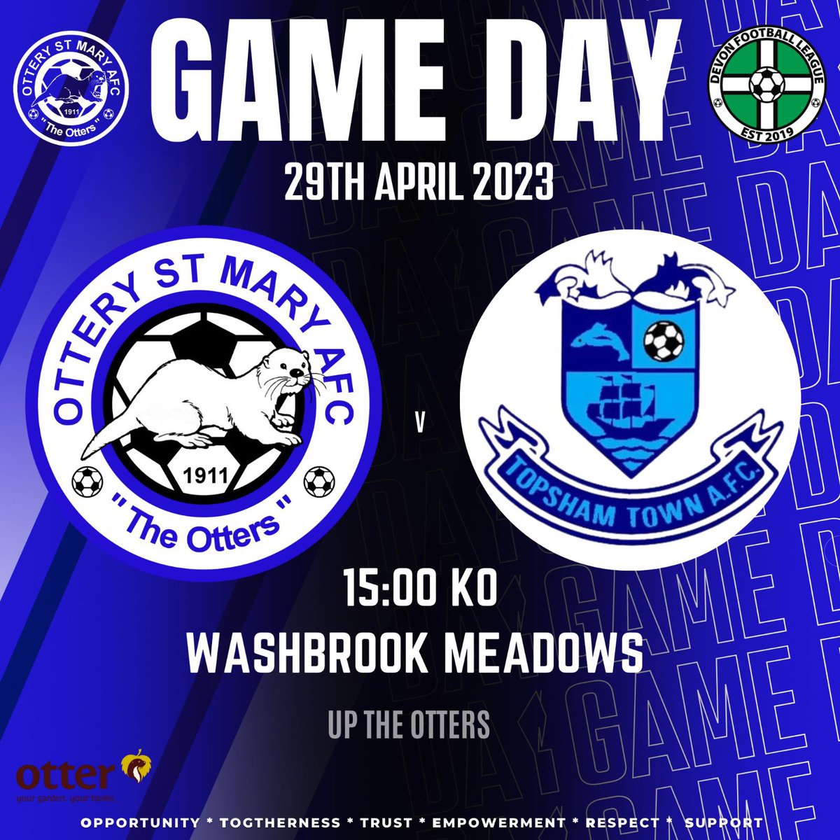 Last home game of the season for our First Team tomorrow where they are looking to keep their good streak going, come on down and support the boys!! 💙🦦

📍 Washbrook Meadows EX11 1EL
🏆 <a href="/devondfl/">Devon Football League (DFL)</a> 
🆚 <a href="/TopshamTown_FC/">Topsham Town FC</a> 
⏰ 15:00 KO
🍺 Open from 12:30