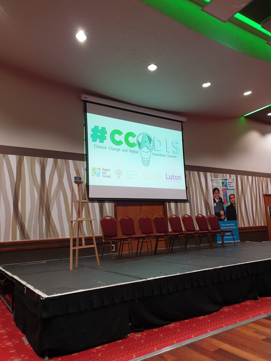 The stage is set, all ready for the @ChilternLT #CCADIS Climate Change and Digital Innovation Summit Today! @AppsforGood 

The students stands are all ready to present to the guests!

@ArdleyHill @Cedars_Upper @ChallneyBoys @Challney_Girls @ChilternA @DallowPrimary…