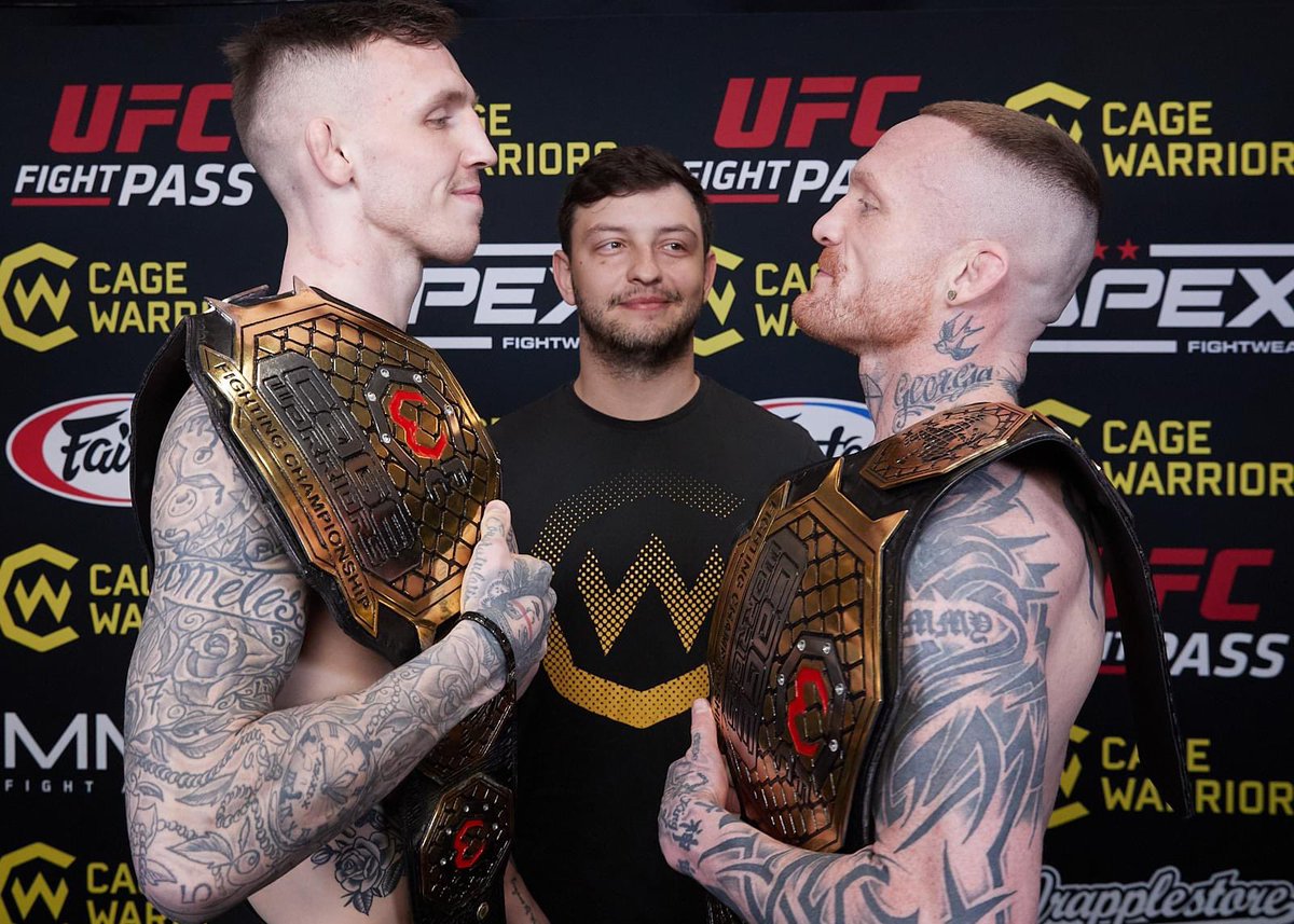 andyste123's tweet image. Rhys “Skeletor” McKee and “Judo” Jim Wallhead face off for the final time ahead of their @cagewarriors welterweight title unification bout in the main event of #CW153 tomorrow night at Dublin’s 3Arena.

📸 via @dollyclew 

#IrishMMA