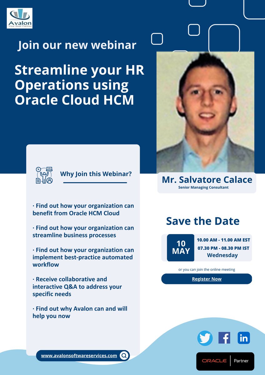AvalonPvt's tweet photo. Hi Everyone,

Join Avalon’s Webinar

This special, 30-minute webinar will show you how you can Streamline your HR Operations using Oracle Cloud HCM.

Please find the webinar link and register now:
https://t.co/3RGUuyTybZ

#HCM #oracle #Cloud #fusion #HR #Webinar #HROperations https://t.co/zLRSc69NWF