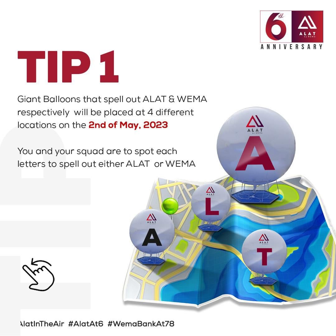 PluggedDaily_'s tweet photo. Balloons will be launched in strategic spots in Lagos on the 2nd of May by @alat_ng
Snap the letters and form the word Alat or Wema, they’re prizes to be won so don’t miss out.😊#ALATAt6 #WemaAt78 #ALATInTheAir https://t.co/vNXZZjgGmb