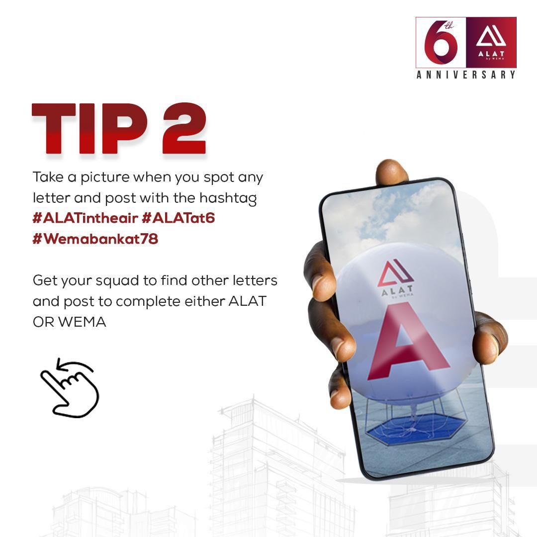 PluggedDaily_'s tweet photo. Balloons will be launched in strategic spots in Lagos on the 2nd of May by @alat_ng
Snap the letters and form the word Alat or Wema, they’re prizes to be won so don’t miss out.😊#ALATAt6 #WemaAt78 #ALATInTheAir https://t.co/vNXZZjgGmb