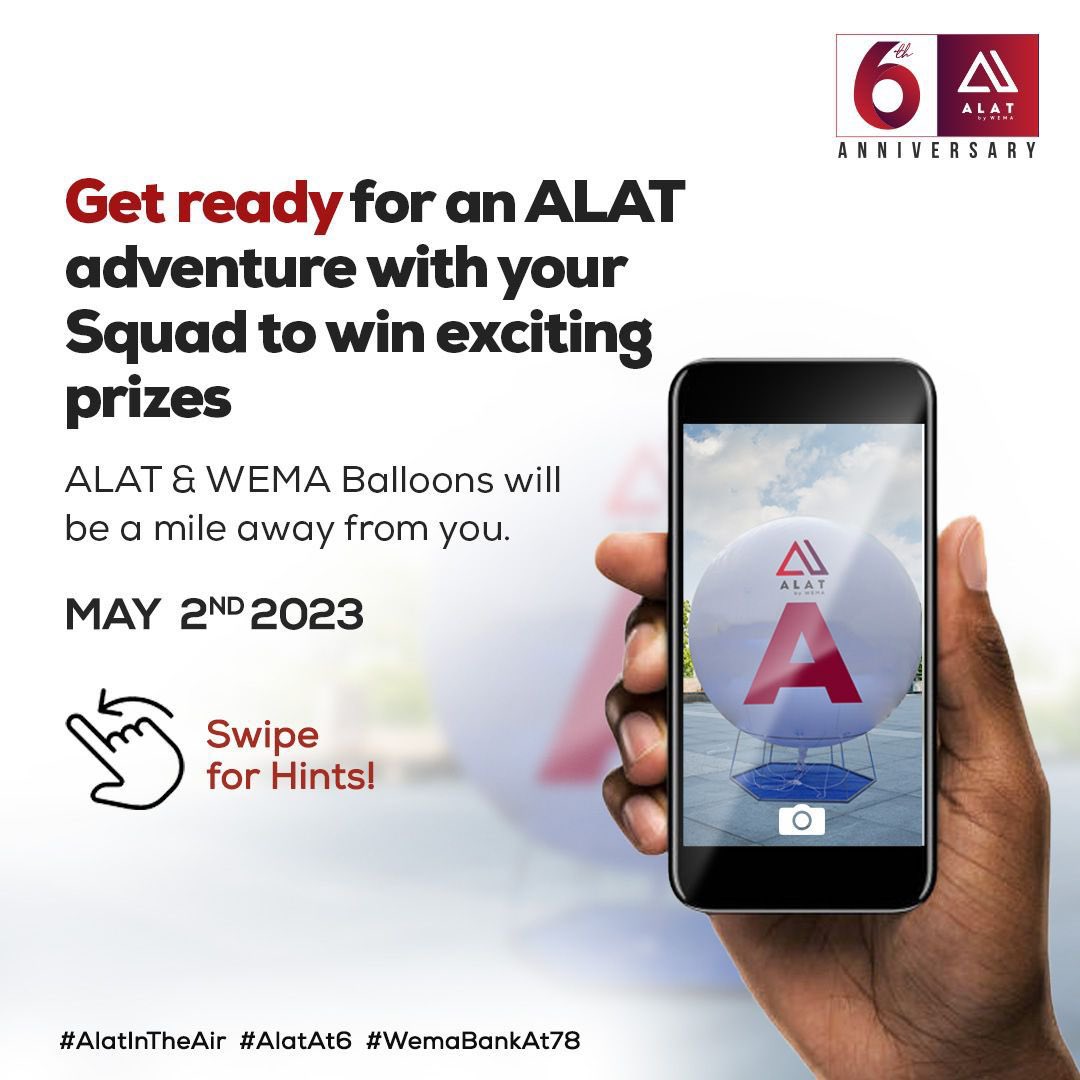 PluggedDaily_'s tweet photo. Balloons will be launched in strategic spots in Lagos on the 2nd of May by @alat_ng
Snap the letters and form the word Alat or Wema, they’re prizes to be won so don’t miss out.😊#ALATAt6 #WemaAt78 #ALATInTheAir https://t.co/vNXZZjgGmb