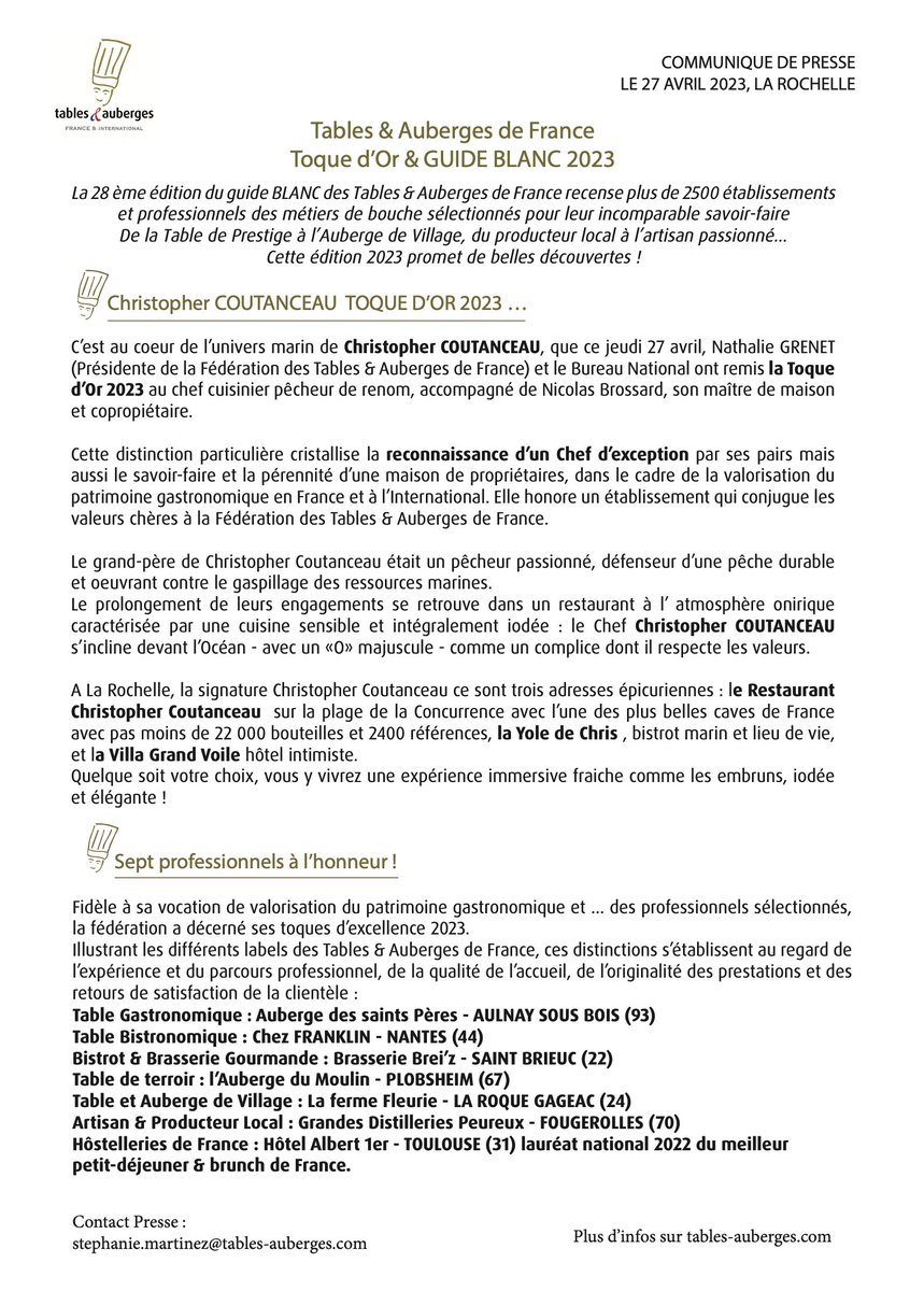 Remise de la Toque d'Or 2023 à Christopher Coutanceau ! 

#cuisine #gastronomie #recompense #toque #chef #larochelle #tablesetauberges #bienmanger #mangerlocal