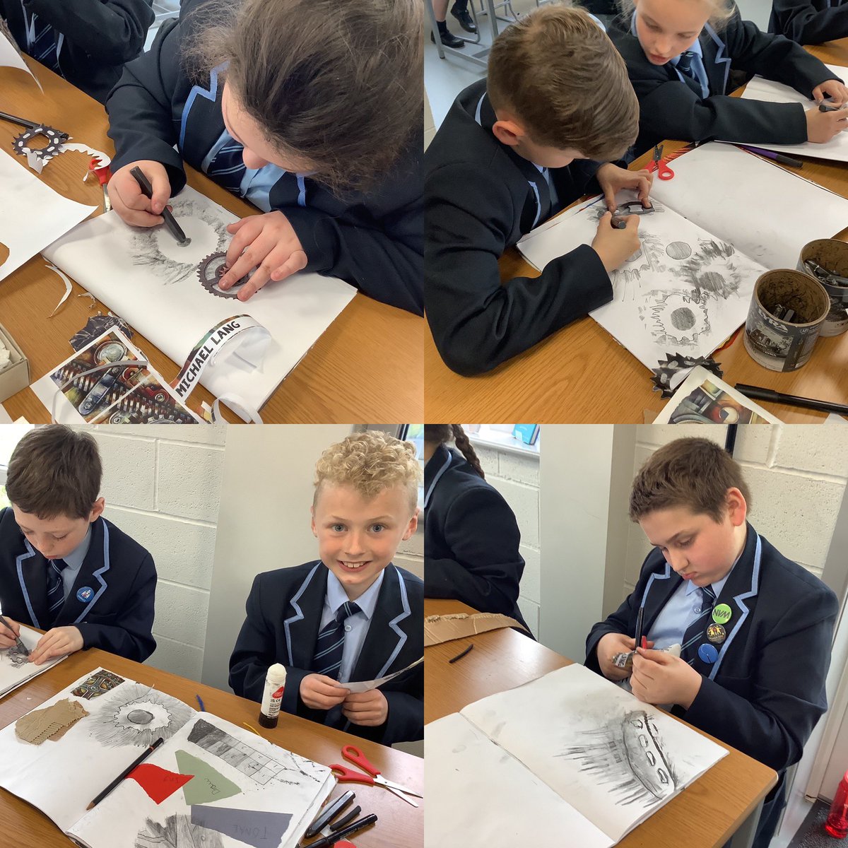 DelphSide's tweet photo. Year 5 #embraced creating stencils this week, looking at the mechanisms cogs and gears. Exploring graphite and charcoal, we created marks expressing shapes found within the cogs and gears. ⚙️🎨
#enjoy #embrace #evolve #wemakethedifference 
@NSEAD1 @theartcriminal @PaulCarneyArts https://t.co/jHOBdIoVVA