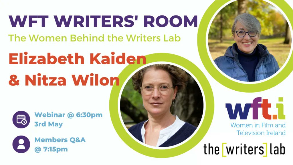 Register your spot for the WFT Writers Room: Meet The Women Behind The Writers Lab. Led by WFT Chair &amp; WIFTI Incoming President Dr. Susan Liddy, on 3rd May we'll be chatting with Elizabeth Kaiden &amp; Nitza Wilon about their lab and writing over 40. wft.ie/wft-writers-ro…
