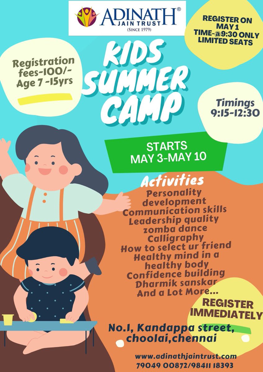 adinathtrust's tweet photo. Kids Summer Camp at chennai
TIME- 9:15am to 12:30pm
AGE- 7 - 15yrs

Registration fees-100/-

Location: No.I, Kandappa street, choolai,chennai
Contact for more: 79049 00872/ 984I118393

#chennai #chennaisummercamp #ChennaiUpdates #summercamp #summercampforkids #caligraphy https://t.co/GESAnjhjbQ