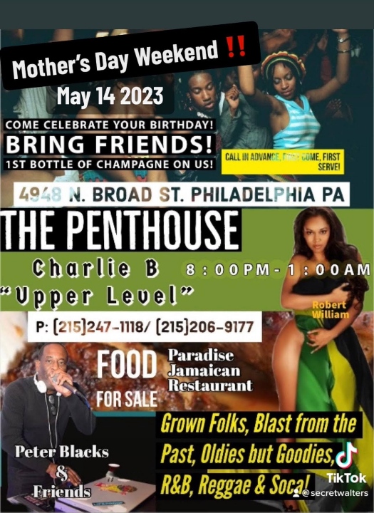 ParadiseJamaic1's tweet image. Come on over and Mother's Day with us.
The legendary Peter Blacks in the house!!

“Oldies but Goodies” Raytown style.  R&amp;amp;B Reggae and Soca.  

Starts at 8:00PM - Ends 1:00 AM   Food by Paradise Jamaican Restaurant See flyer for details. #peterblacks #UpperLevel #CharlieB #Philly