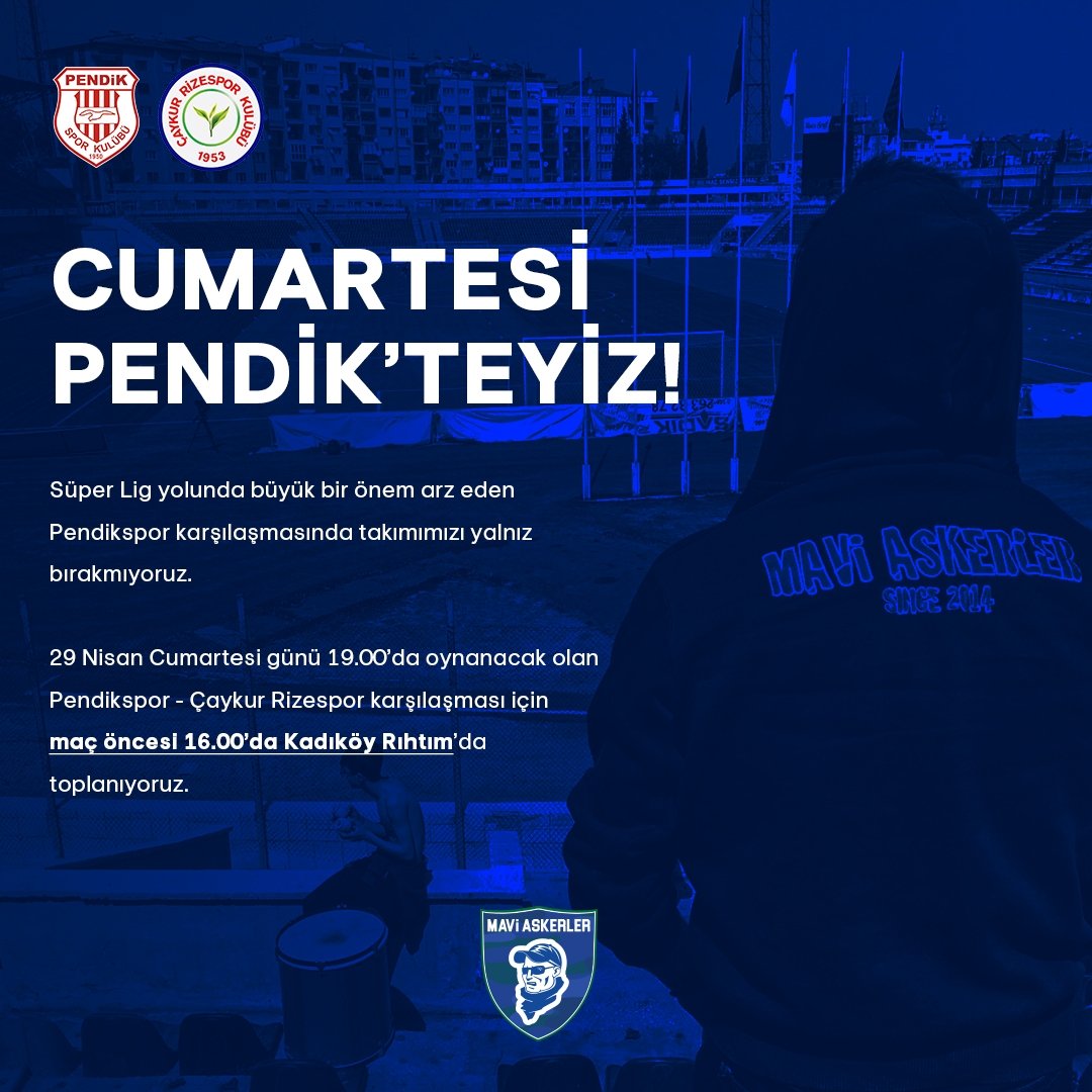 #️⃣: #NextStationPendik
📣: Deplasman Organizasyonu

<a href="/MaviAskerler/">Mavi Askerler</a>, her yere gider! 🚌🛬

📍Toplanma Yeri: Rıhtım, Kadıköy, İstanbul
⏰ Toplanma Saati: 16.00 (29.04 | Cumartesi)
Rıhtıma nasıl gidilir? 🗺️ moovitapp.com/index/tr/toplu…