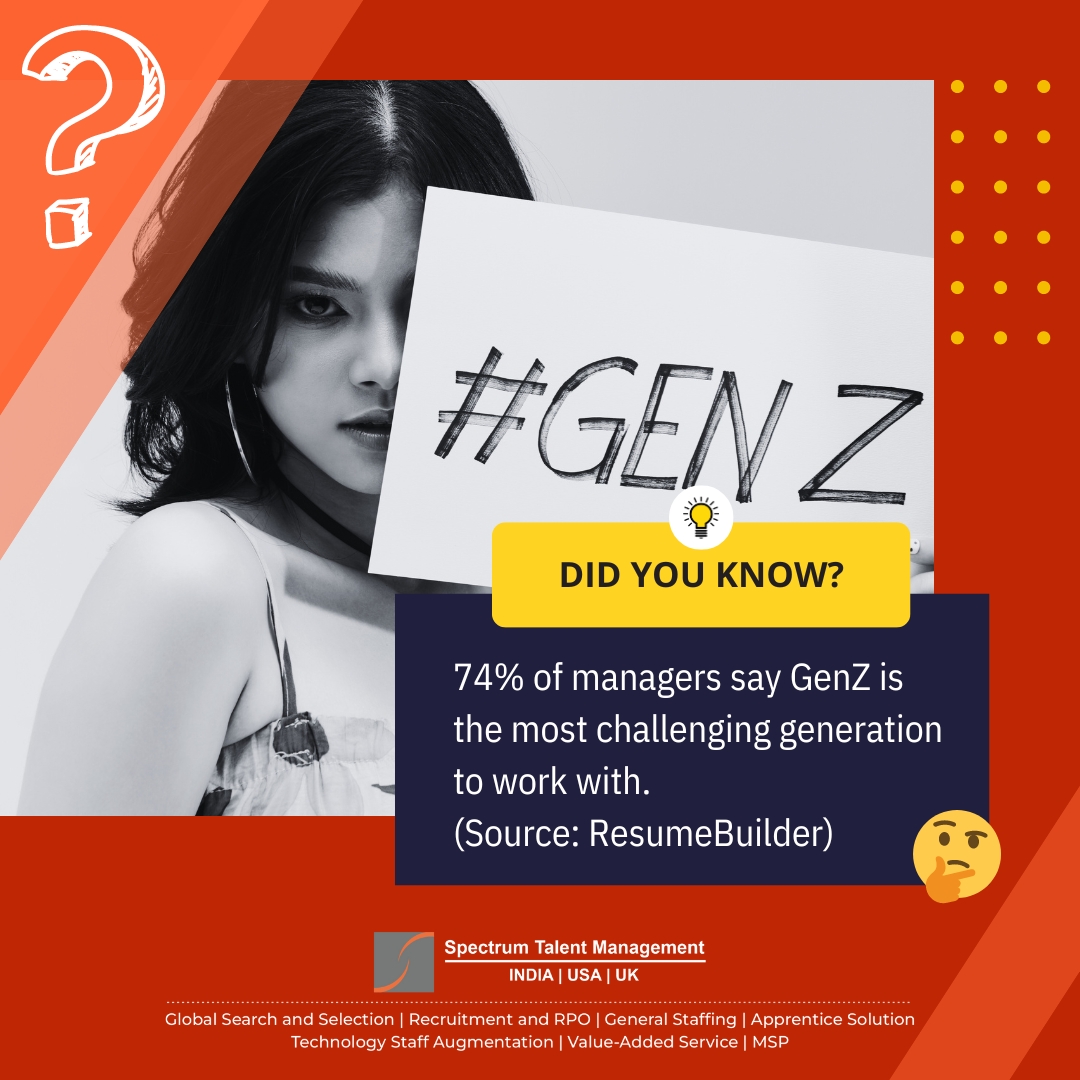 Did you know? According to ResumeBuilder survey, 74% of managers say GenZ is the most challenging generation to work with. Are you finding it challenging to manage your GenZ employees?

#GenZ #ManagementChallenges #Workplace #WorkplaceChallenges #recruitmentchallenges