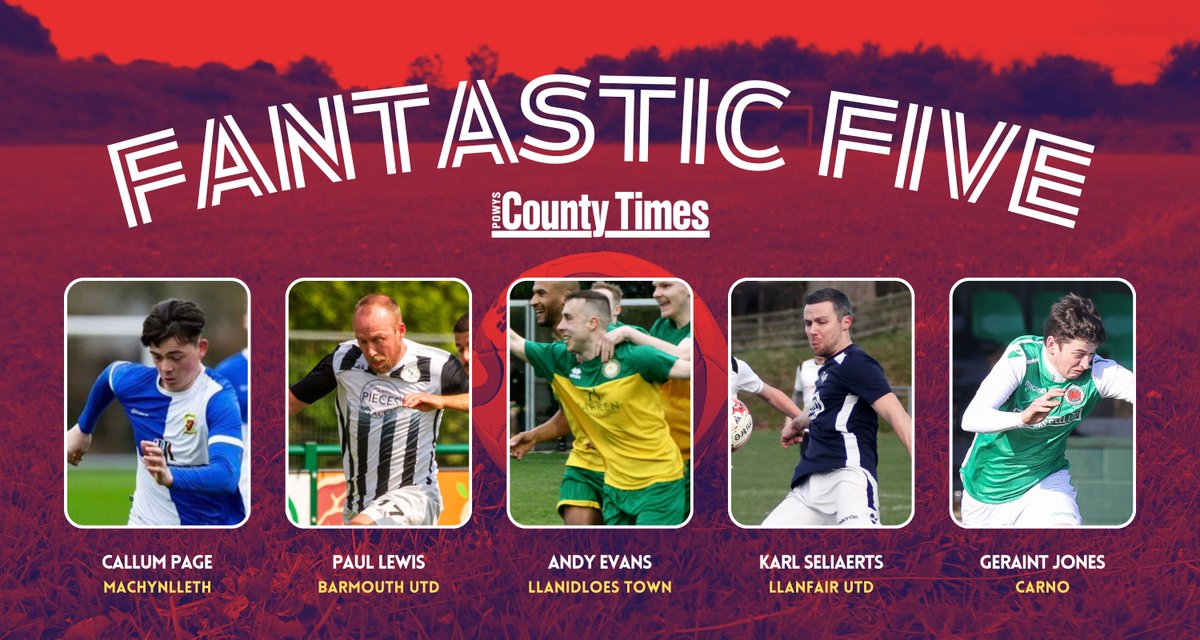 Our Fantastic Five this week features:
Callum Page of <a href="/MachynllethFC/">Machynlleth FC</a>, Paul Lewis of <a href="/BDFCmagpies/">BDFC</a>, Andy Evans of <a href="/DaffsMedia/">Daffs Media • Llanidloes Town FC</a>, Karl Seliaerts of <a href="/LlanfairUtdFC/">Llanfair United FC</a> and Geraint Jones of <a href="/FCCarno/">Carno FC</a>.
Congratulations to each.