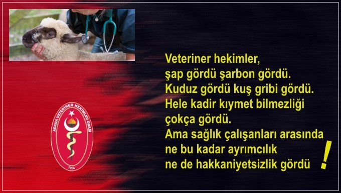Veteriner hekimler,
şap gördü şarbon gördü.
Kuduz gördü kuş gribi gördü.
Hele kadir kıymet bilmezliği
çokça gördü.
Ama sağlık çalışanları arasında
ne bu kadar ayrımcılık
ne de hakkaniyetsizlik gördü ❗️

#VeterinerHekimlerHaklarınıİstiyor