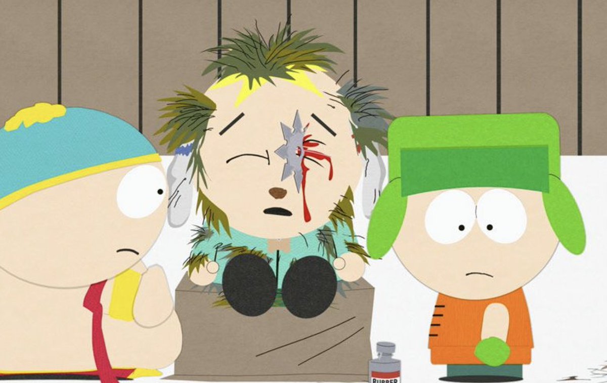 JWulen's tweet photo. Joder hoy he empezado la 8ª season de South Park, y el primer cap. es el de que se compran armas ninjas y Kenny le clava en el ojo a Butters una puta estrella ninja, pero como no se pueden enterar los padres le pegan pelo de perro y le intentan llevar al veterinario https://t.co/Zmr8iQOZKL